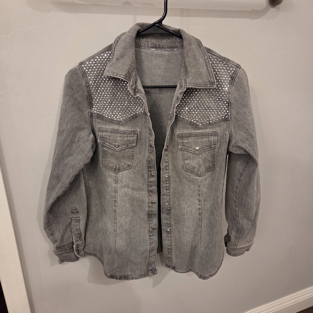 Women's Gray Denim Jacket with Studded Details